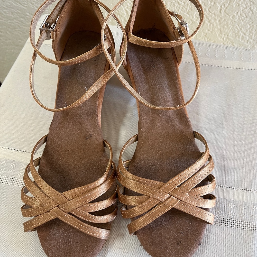 Beautiful gold satin west-coast swing dance shoes